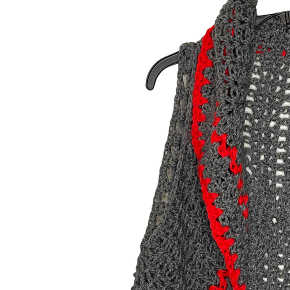 Vintage Hand Knit Afghan Sweater‎ Vest Jacket Gray Red Open Size Medium? - Picture 4 of 5
